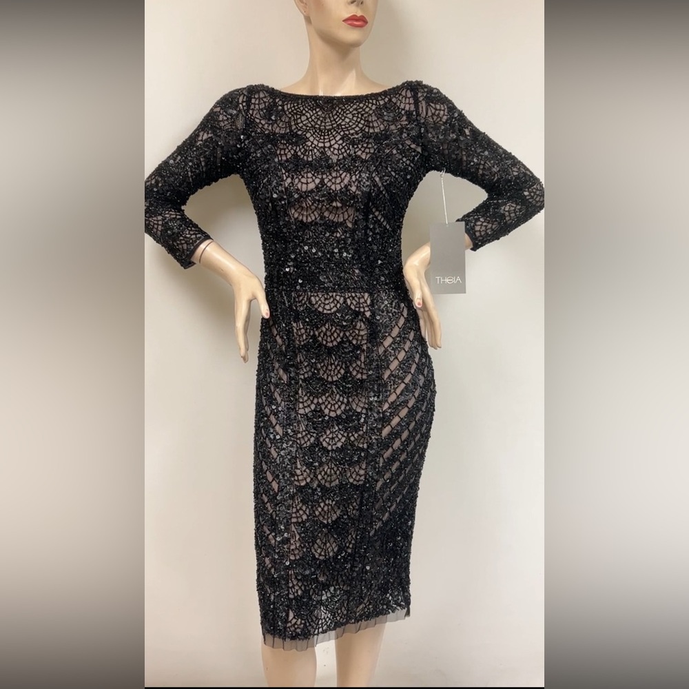 Theia beaded long sleeves V-Back midi dress